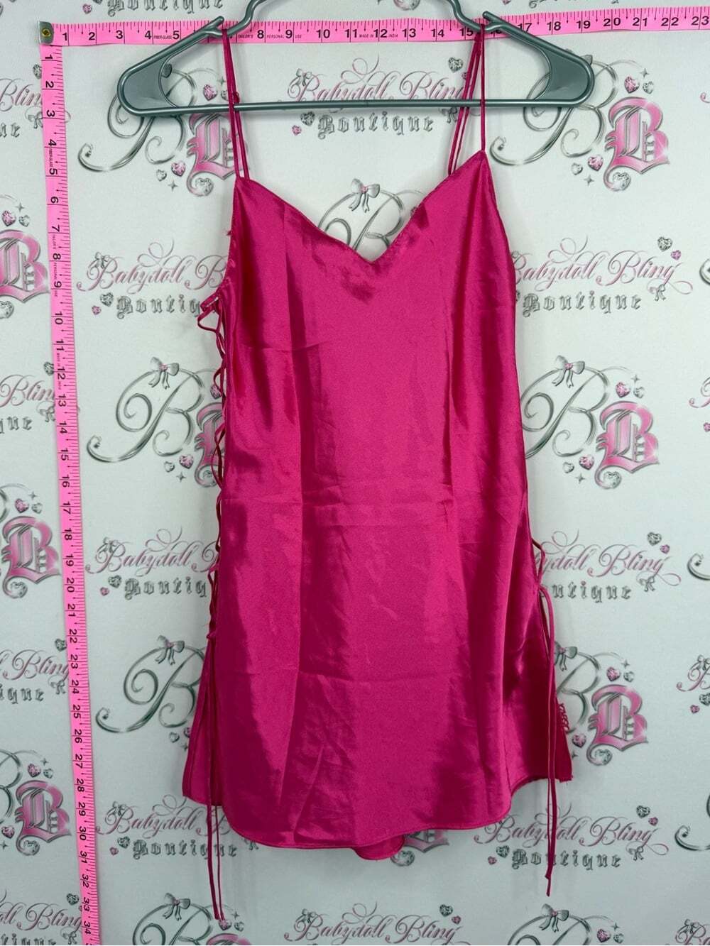 La SENZA dress mini y2k Fuchsia Satin Slip Chemise with Side Lace-Up corset